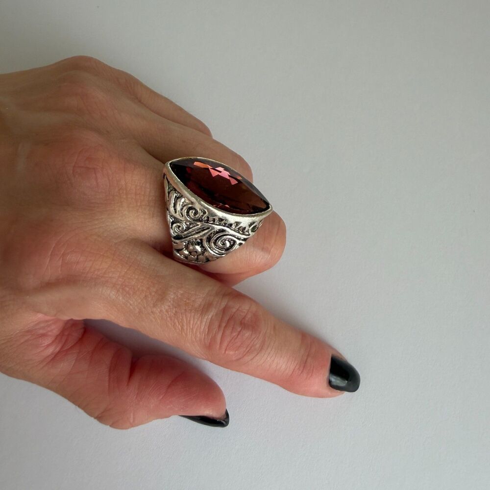 Dark Plum Crystal Statement Ring Silver Tone Luxury Vintage Style Unisex Sz 9.75